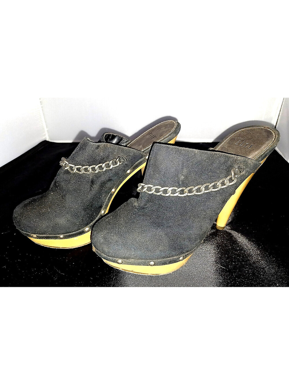 ELLE Ilona womens black suede-like clog high 5" heel sz 8  chain